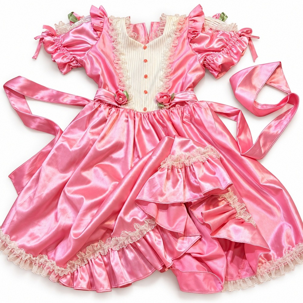 Vintage Pink Satin Ruffle Party Dress Girls Size 10 Victorian Pageant Lace Roses